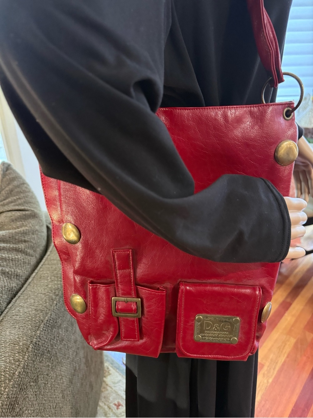 Red Leather Shoulder Tote with Brass Accents